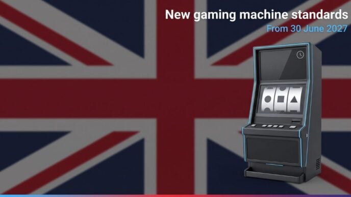Slot machine on a Union Jack background illustrating new UKGC gaming machine standards